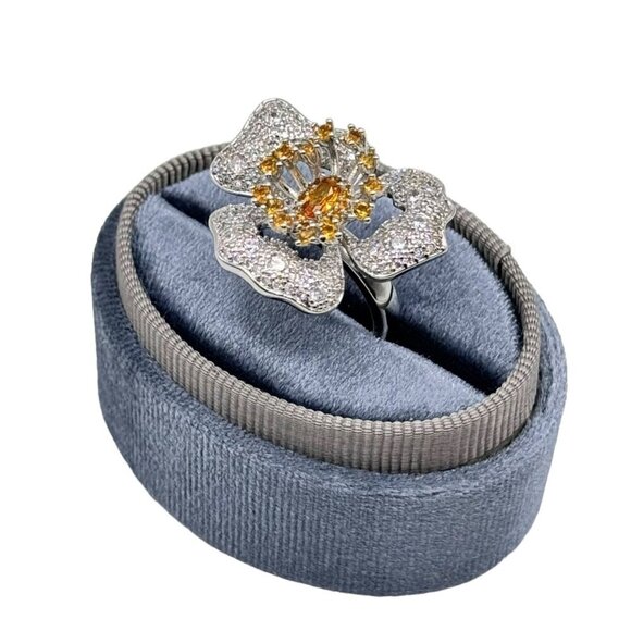 NWT Flower Cocktail Ring S925 Sterling Silver CZ Open Adjustable Feminine Chic - Picture 5 of 13